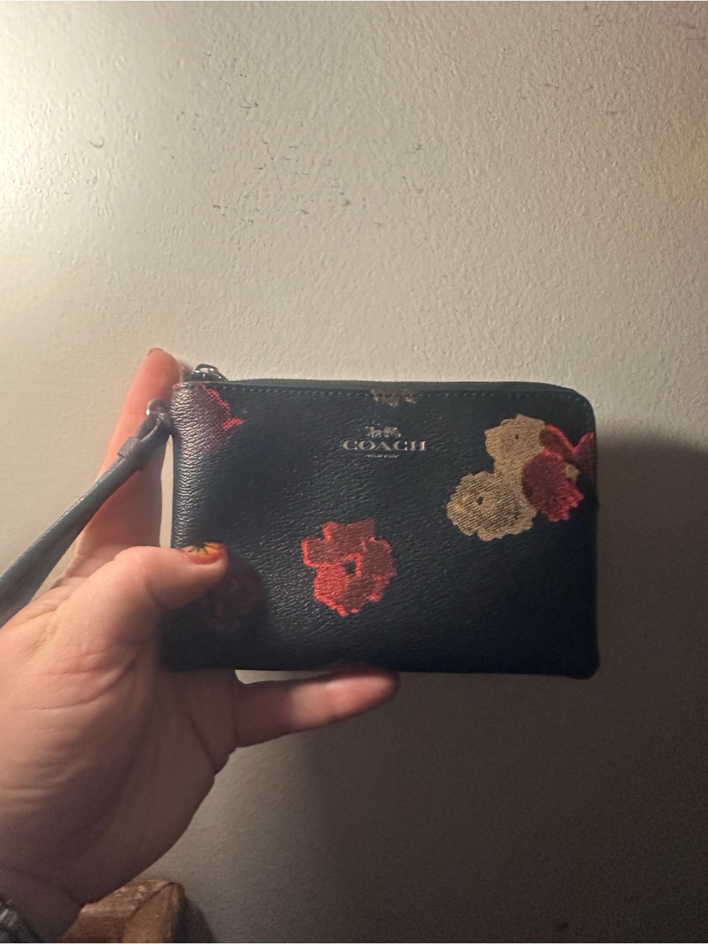 Coach Black Leather Floral Wristlet with Red & Tan Flowers